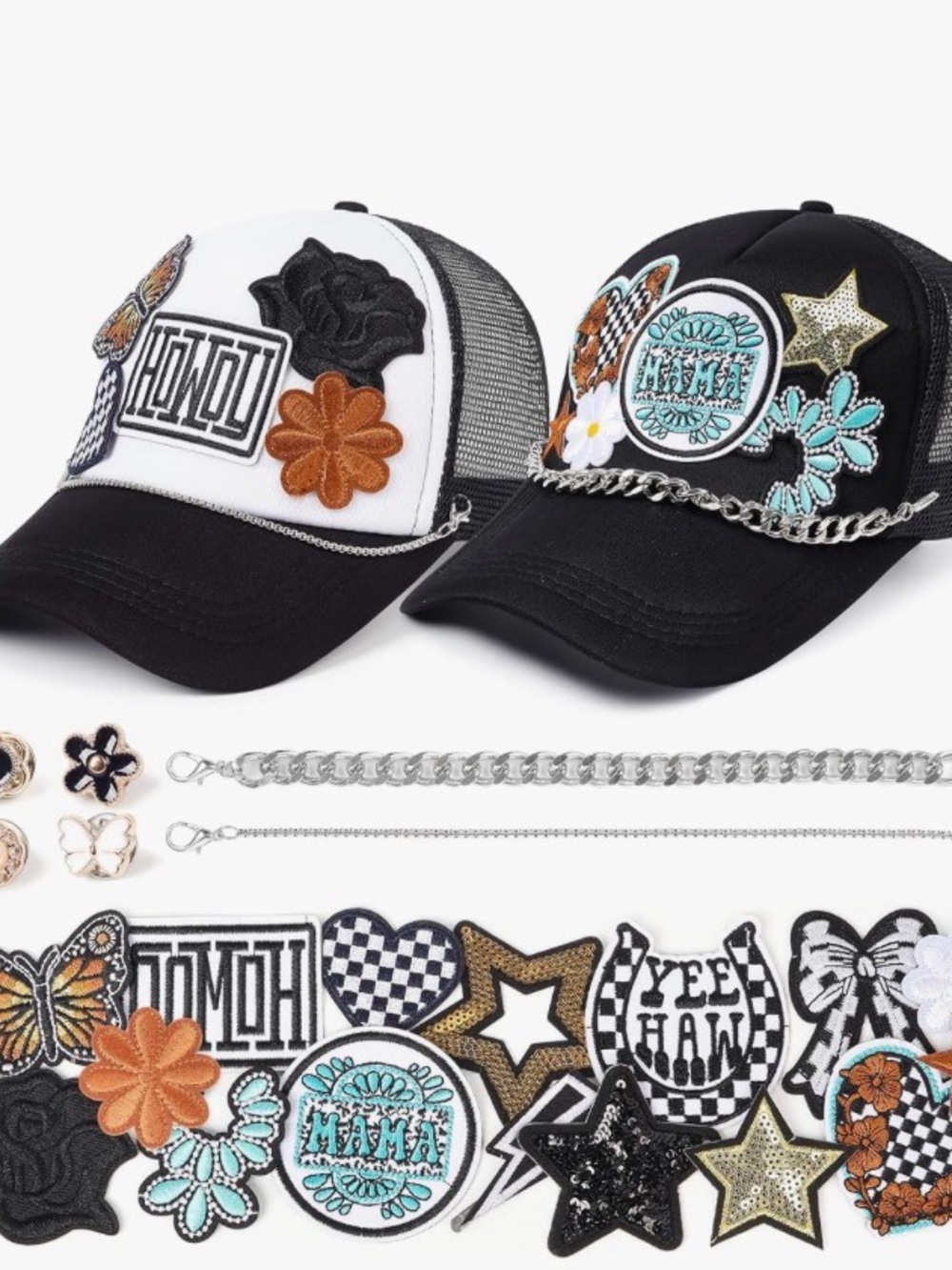 Black Trucker Cap with Patch Embellishments and Removable Chain DIY KIT 2 hats